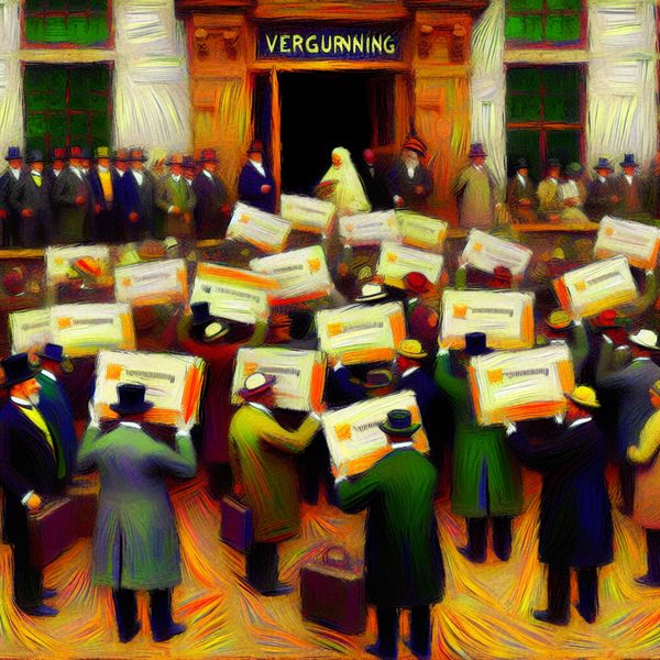 Feestelijke ceremonie van vergunningverlening in de stad Abstract expressionist illustratie van een stadsgebouw tijdens een formele ceremonie waar een diverse groep mensen officiële bouwvergunningen ontvangt.