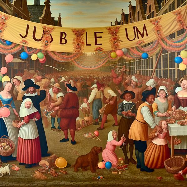 Vrolijke voorbereidingen voor een Jubileum in Nederland Een levendig plein in een Nederlandse stad met mensen die een groot banner versieren voor een Jubileum.