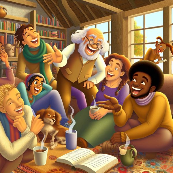 Levendige vrienden in woonkamer bespreken een boek Een levendige en humoristische scène in een woonkamer met vrienden die een boek bespreken en interactief met elkaar communiceren.