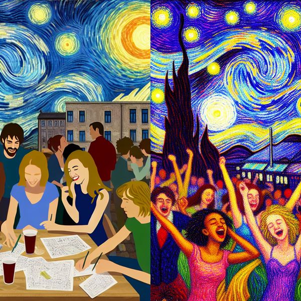 Een levendige scènes van een drukke vrijdagavond gaan over in een feestelijke zaterdagavond, met vrienden die activiteiten plannen en een menigte die danst onder een sterrenhemel.