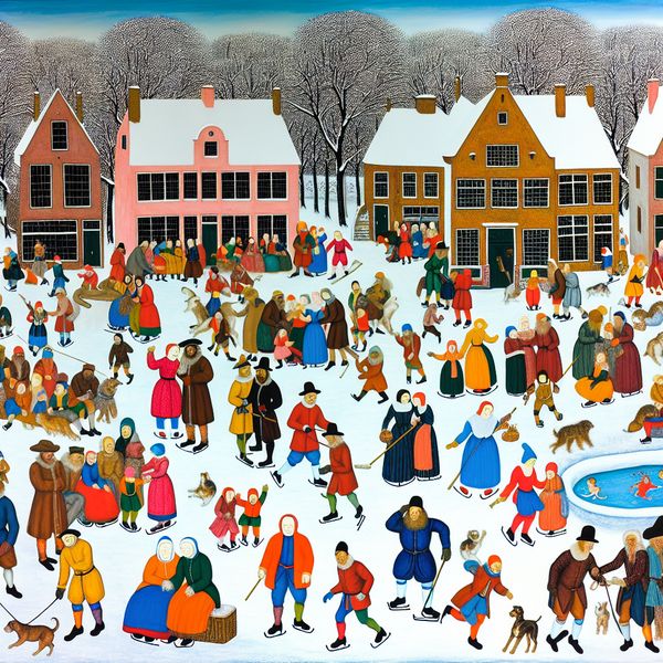 Drukke winterse straat met mensen en activiteiten Een levendig winterscene met mensen van alle leeftijden die verschillende activiteiten ondernemen in een drukke straat met sneeuw