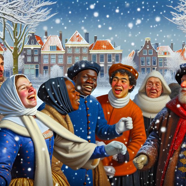 Vrolijke winteractiviteit door expats in Nederland Lively winter scene with diverse people, including expatriates, enjoying a festive outdoor event in a Dutch park while practicing Dutch language.