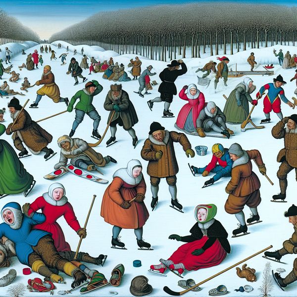 Een druk winterlandschap met mensen betrokken bij een ijs hockeywedstrijd, een team valt onverwachts terwijl ze proberen te scoren.