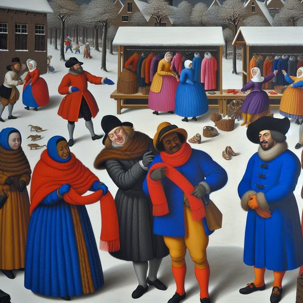 Een levendige winterscène met diverse mensen die in een marktsfeer kledingitems verkiezen.