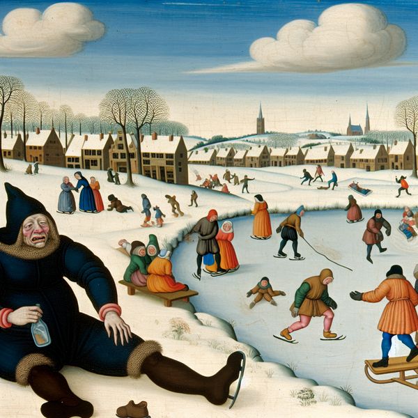 Een winterse scène met mensen die schaatsen en slee rijden, met een vermoeide figuur die zit bij een bevroren meer, symbolisch een waterfles vasthoudend.