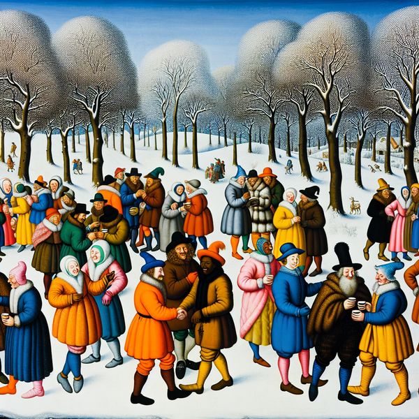 Sociale verbindingen in de winter: kennismaken in het park Een levendige winterse scène in een park met een diverse groep mensen die kennismaken en sociale verbindingen leggen.