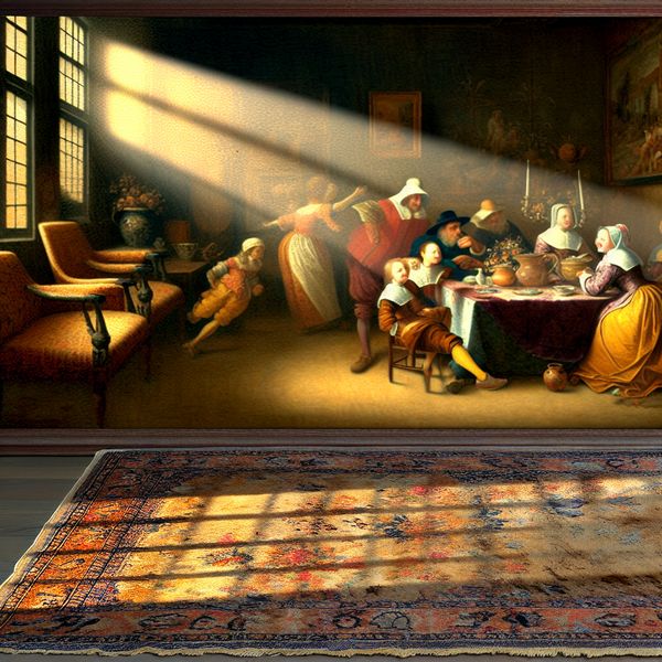 Vibrante woonkamer in de stijl van Jan Steen met vervaagd tapijt Schilderij van een levendige woonkamer met een vervaagd tapijt, waar zonlicht een familie serieus verbindt in humoristische chaos.