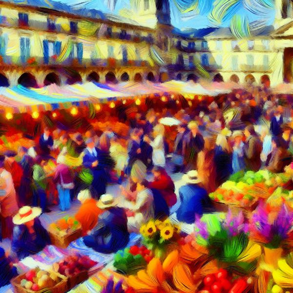 Gezellige Markt Zaterdagochtend in Van Gogh Stijl Schilderij van een levendige markt op een zaterdagochtend, geïnspireerd door de stijl van Vincent van Gogh
