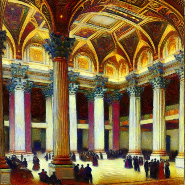Indrukwekkende Zuilen en Majestueus Plafond in Een Grand Hall Een groep indrukwekkende zuilen met uitgebreide ontwerpen die een majestueus plafond ondersteunen in een dynamische zaal vol mensen.