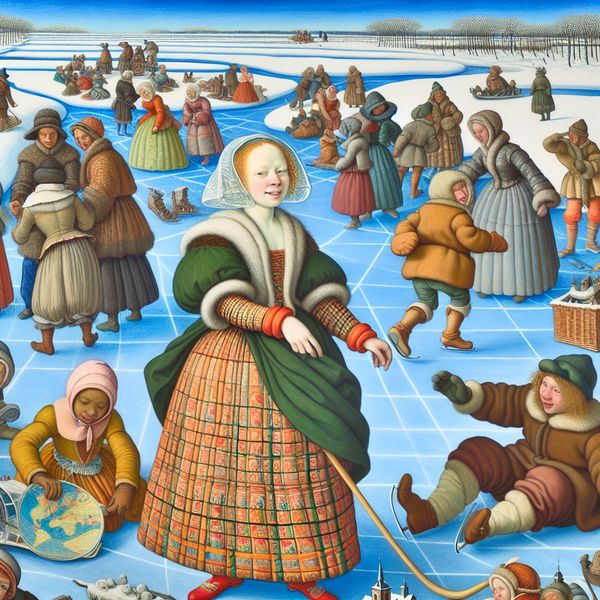 Levenservaring en persoonlijke groei in winterlandschap - taal leren Nederlands Gedetailleerde winterse scène in de stijl van Hendrick Avercamp met mensen op het ijs, waaronder een jonge vrouw met een wereldkaart en een kind dat schaatst, symboliserend persoonlijke groei en levenservaring
