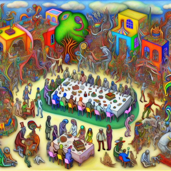 LHEE Community Evenement: Educatie en Creativiteit Intrigerend en surrealistisch tafereel van een levendig community evenement genaamd LHEE met diverse mensen van alle leeftijden die in een kleurrijke buitenruimte educatieve workshops en activiteiten deelnemen.