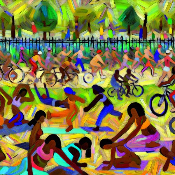 Lichamelijke Activiteit in Abstracte Kunst Abstract expressionist schilderij van diverse mensen die lichamelijke activiteiten doen in een park
