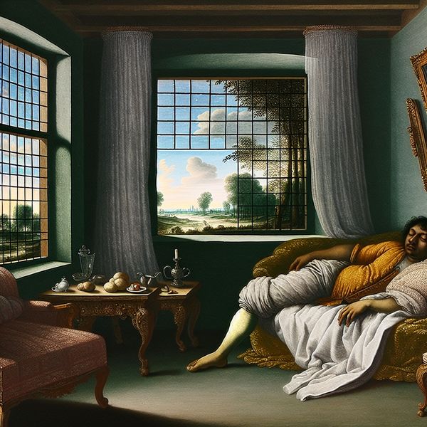 Lichte slaap of sluimeren: rustgevende scène in Hollandse stijl 17e-eeuws Hollands schilderij van een man in lichte slaap op een sofa, met zacht licht door het raam en een rustige sfeer