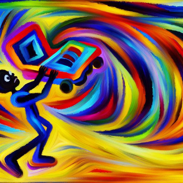 Abstracte voorstelling van een persoon die moeiteloos een lichtgewicht, felgekleurde laptop optilt met één hand, in expressieve stijl van Karel Appel