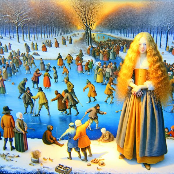 Jonge vrouw met lichtgoudblond haar in traditionele 17e-eeuwse kleding schaatst op een bevroren Hollands kanaal, omringd door levendige wintertaferelen in de stijl van Hendrick Avercamp