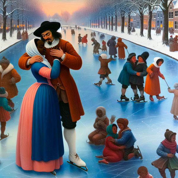 Diepe liefde en emotie in een winterse setting - hart en gevoelens uitbeelden Romantisch wintertafereel met een stel dat elkaars handen vasthoudt bij een bevroren kanaal, symboliserend diepe liefde en emotie in de stijl van Hendrick Avercamp