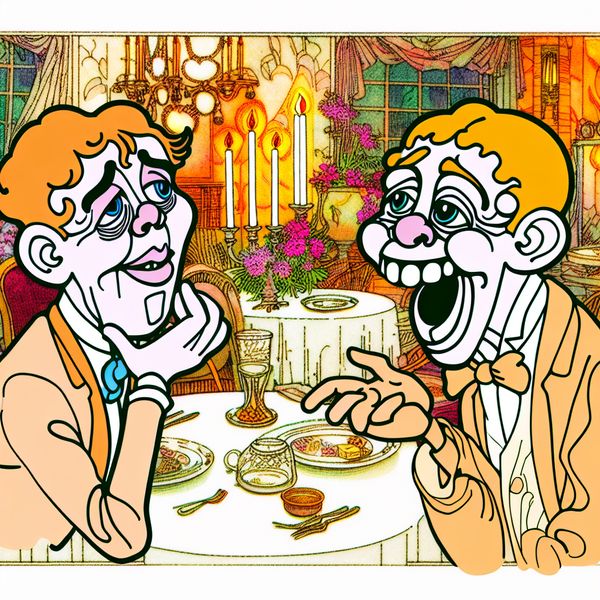 Romantisch moment: liefde verklaren tijdens kaarslichtdiner - cartoonstijl Twee antropomorfe cartoonfiguren delen een romantisch kaarslichtdiner en tonen openlijk hun liefde met hartelijke gebaren in een warme, gedetailleerde setting