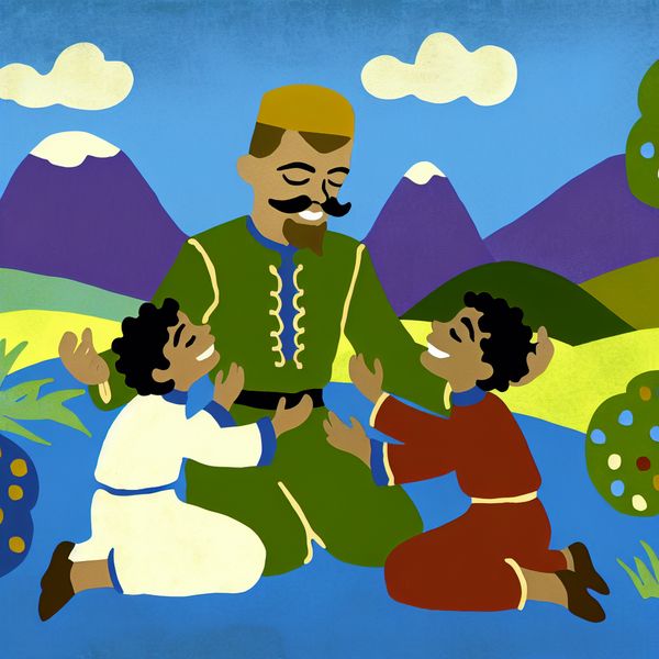 Liefdevolle vader en kinderen in kleurrijke minimalistische stijl Een liefdevolle vaderfiguur interactie met twee blije kinderen in een kleurrijk landschap