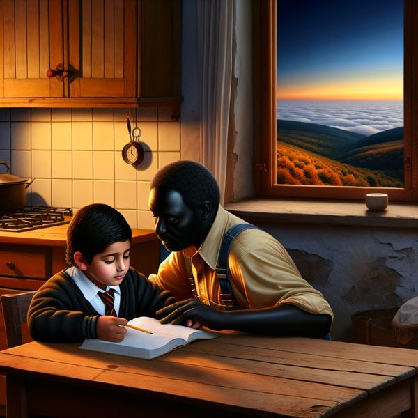 Hyperrealistisch schilderij van een kind dat hulp krijgt bij huiswerk van zijn liefdevolle vader aan een houten keukentafel, met surrealistische elementen en warme belichting