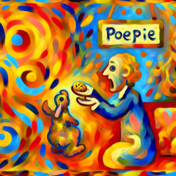 Liefkozende benaming poepie voor kind of huisdier in expressieve kunst Abstract schilderij van een volwassene die een koekje aanbiedt aan een kind of puppy met het liefkozende woord 'poepie' op een bordje, in de expressieve stijl van Karel Appel