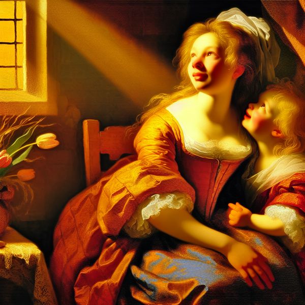 Liefdevolle moeder en kind in een warm, zonnig Nederlands interieur in barokstijl, met bloemen en huiselijke details