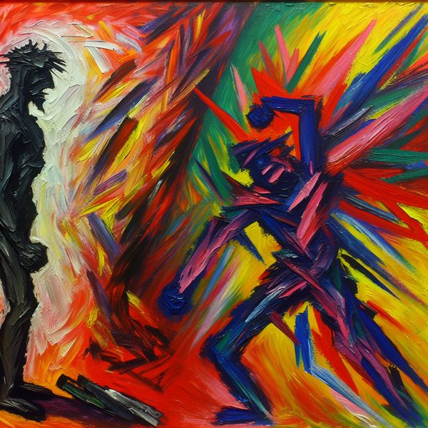 Voorkeur uitdrukken in abstracte kunst: liever dan of in plaats van Abstract schilderij in de stijl van Karel Appel met twee contrasterende keuzes: een donkere, vastberaden figuur die een felle, chaotische kleurenexplosie afwijst, symboliserend 'liever dan'