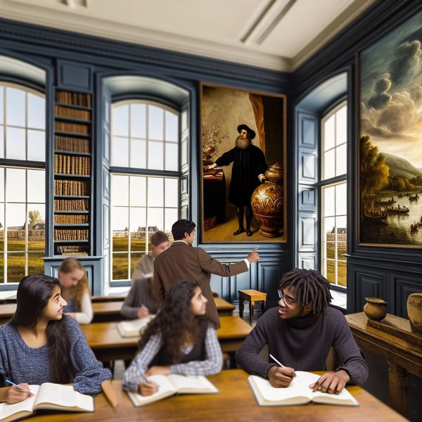 Een serene universiteitsklas met studenten die discussiëren over beroemde schrijvers, met een schilderij van een auteur op de muur.