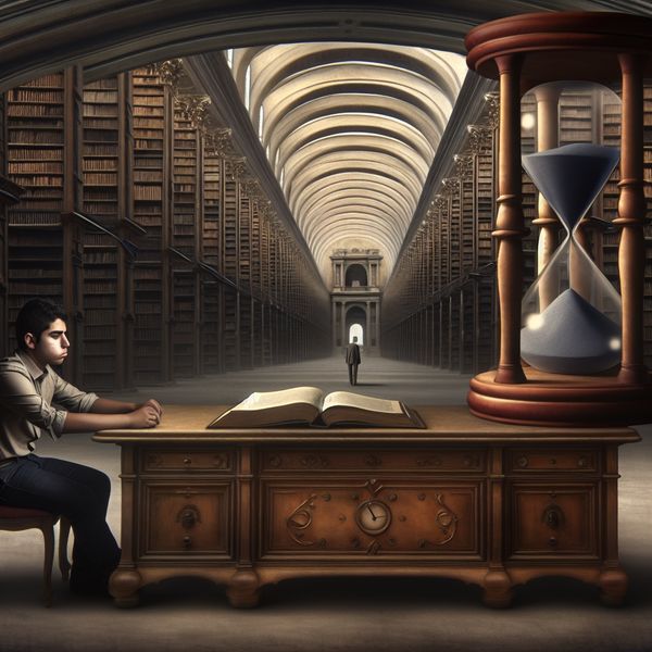 Logisch gevolg van uitstelgedrag bij studeren - Surrealistische illustratie met zandloper en lege tekstboeken Jonge student staart naar leeg studieboek met reusachtig zandloper-symbool voor verloren tijd in surrealistische bibliotheek, illustratie van logisch gevolg