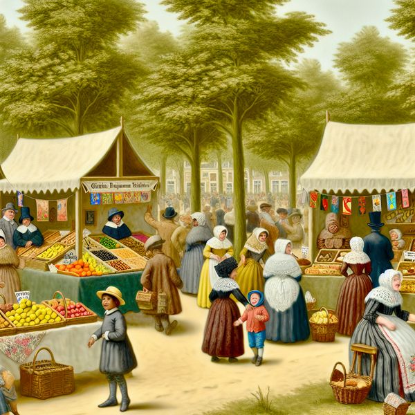 Een levendige lokale markt in een park met verschillende kraampjes vol ambachtelijke producten op een zonnige zondag.