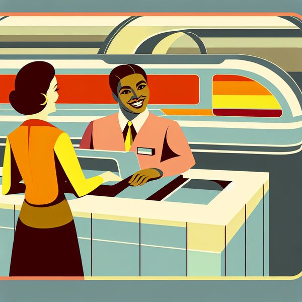 Vriendelijke loketbediende bij modern ticketloket Vriendelijke loketbediende helpt een klant aan een modern, geometrisch loket met retrofuturistisch design.