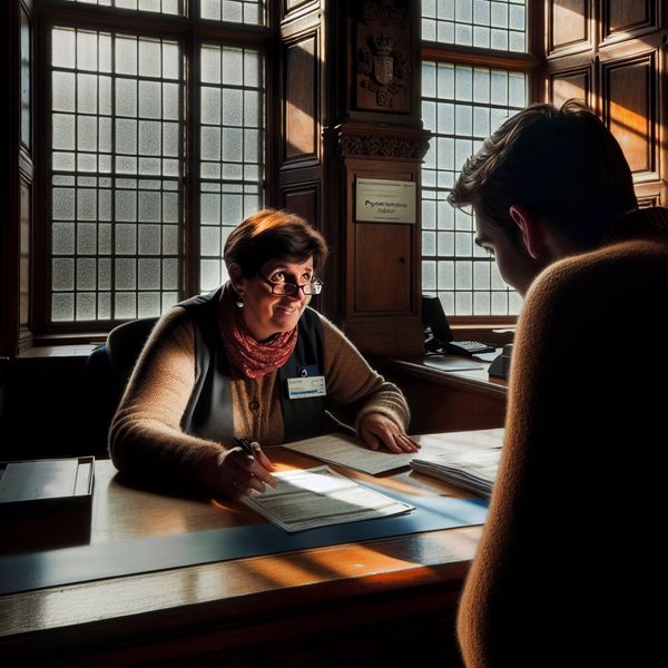 Loketbediende bij het verwerken van een paspoortaanvraag Loketbediende verwerkt paspoortaanvraag aan een houten bureau.