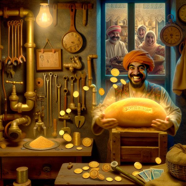 Loodgieter met gouden boterham - symboliek van werk en inkomen in sprookjesstijl Vrolijke loodgieter in nostalgische werkplaats met gouden boterham als symbool voor inkomen en levensonderhoud