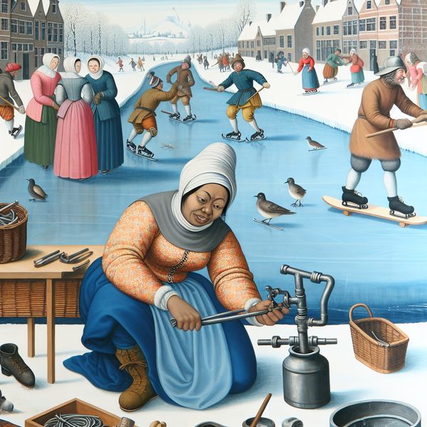 Loodgieter bevestigt een sok aan leidingen in een levendig Hollands winterdorp in de stijl van Hendrick Avercamp