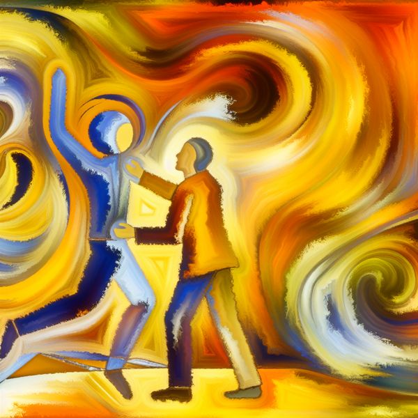 Loopbaancoach begeleiding bij persoonlijke ontwikkeling en carrièrestappen Abstract expressionistische voorstelling van een loopbaancoach die iemand begeleidt bij persoonlijke groei en het vinden van een nieuwe baan, met warme kleuren en dynamische penseelstreken