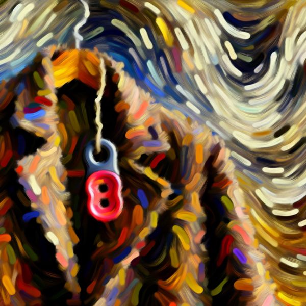 Abstract expressionistisch schilderij van een loshangende knoop aan een jas, symbool voor 'niet vastzittend of niet bevestigd' in levendige kleuren en dynamische penseelstreken