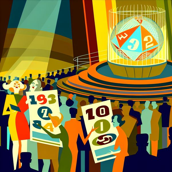Vibrante retro-futuristische loterij illustratie Een levendige retro-futuristische illustratie van een loterij scène met blije deelnemers die hun unieke genummerde loten ontvangen.