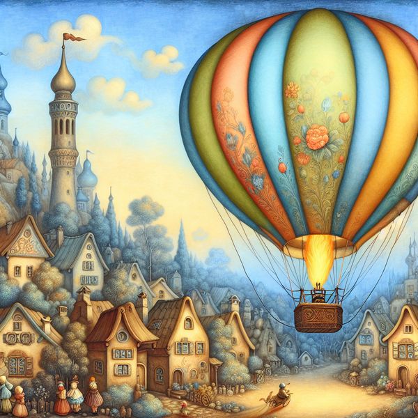 Vrolijke luchtballon stijgt op tegen een blauwe lucht Een kleurrijke luchtballon die omhoog wordt getild in de lucht, omringd door warme vlammen van een brander.