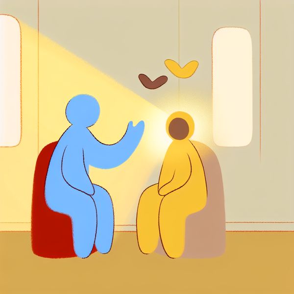 Luchten van het hart: emoties uiten en opluchting voelen Twee eenvoudige figuurtjes in een warme kamer, waarbij de een zijn gevoelens deelt en opluchting ervaart terwijl de ander aandachtig luistert