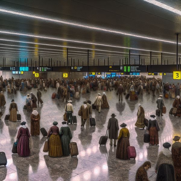 Luchthaventerminal met reizigers en vertrekhal in klassieke stijl Realistisch schilderij van een elegante luchthaventerminal met reizigers bij vertrekpoorten en vluchtinformatieschermen voor Terminal 3 naar Barcelona