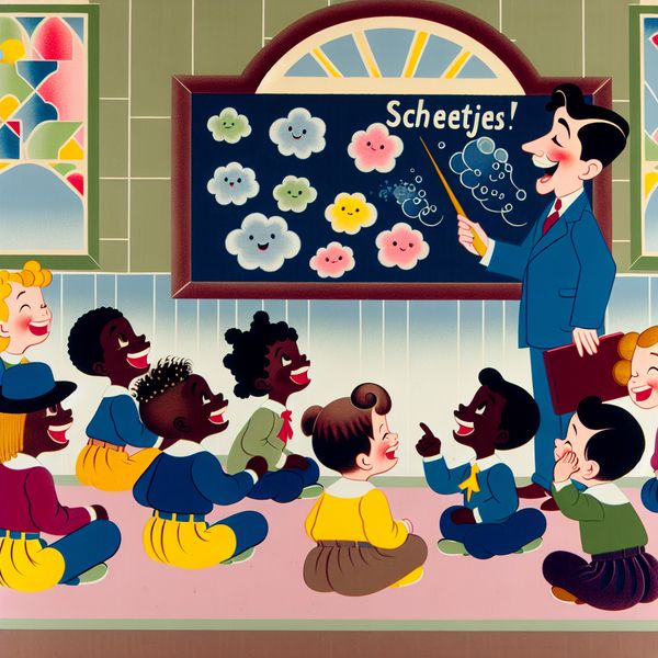 Luchtige klaslokaal scène met scheetjes en lachende kinderen Een luchtige klaslokaal scène met lachende kinderen en een leraar die naar een kleurrijk bord wijst met illustraties van grappige gezichten en wolken die 'scheetjes' voorstellen.