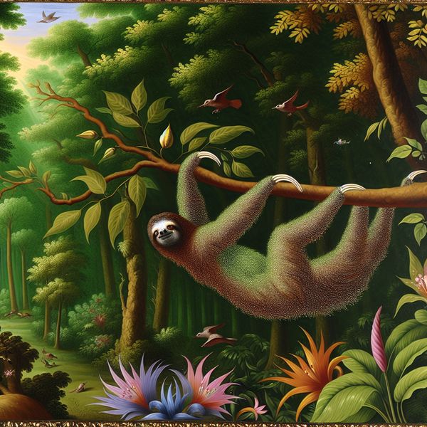 Luiaard in een weelderige boom - Tropische natuur Een luiaard hangt ontspannen aan een tak in een heldere, weelderige boom.