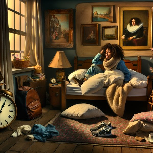 Lui in de ochtend: gezapige slaapkamerbeleving Een jonge vrouw ligt lui in bed met een warm dekbed en kussens, terwijl ze de klok bekijkt in een sfeervolle, gezellige slaapkamer.