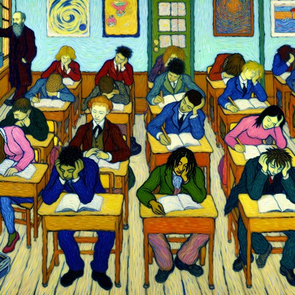 Een klaslokaal met meerdere slaperige studenten die over hun bureau leunen, met een gevoel van luiheid en desinteresse.