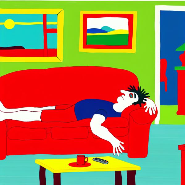 Minimalistische illustratie van een persoon die lui op een felrode bank ligt in een gezellige woonkamer, met gespreide armen en benen en een tevreden maar passieve uitdrukking