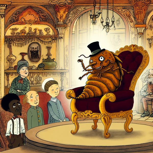 Een grote cartoonachtige luis in een luxe fauteuil met een hoge hoed en monocle, omgeven door een kind, een vrouw en een oude man die verbaasd en geïrriteerd kijken.