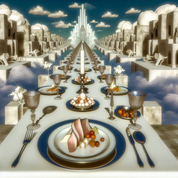 Luxe Diner in Surrealistisch Landschap Luxe diner setting in surreal landschap met elegante tafel, gourmet gerechten en torenhoge architectuur