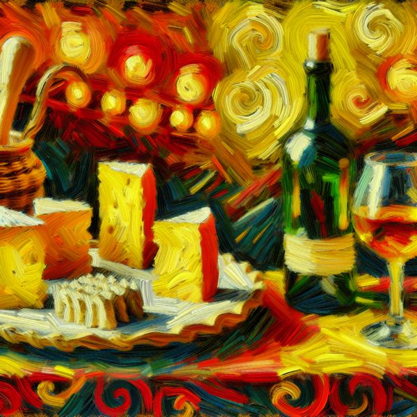 Luxe kaas en wijn van topkwaliteit in Van Gogh-stijl Vincent van Gogh-achtige schildering van een luxe kaasplank en wijn op een tafel, symbool voor uitstekende kwaliteit en verfijning