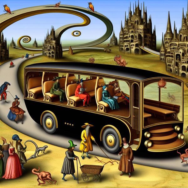 Luxe groepvervoer: surrealistische comfortcoach voor langeafstandsreizen Surrealistisch luxe reisgezelschap in een drijvende, middeleeuws aandoende groepcoach met comfortabele zitplaatsen en fantasiewezens, in de stijl van Jheronimus Bosch