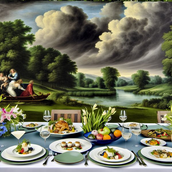 Een prachtig gedekte buiten eettafel onder een dramatische lucht met luxe gerechten.