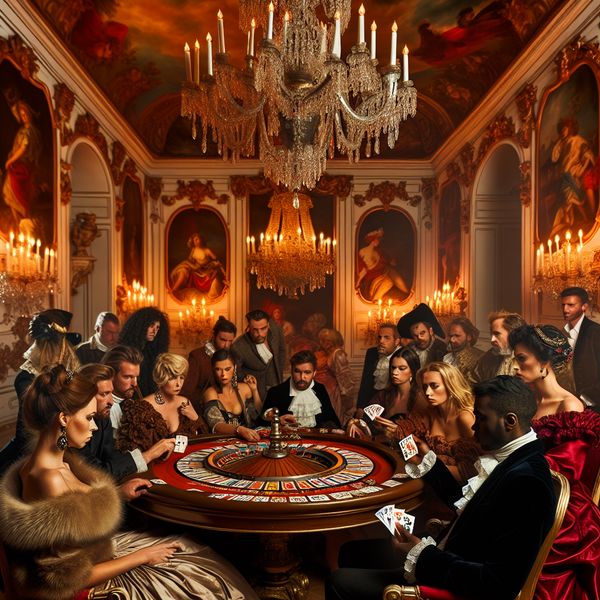 Luxueuze Faro Spelomgeving in een Casino Een druk spel van Faro in een luxe casino met elegant geklede spelers rond een gedecoreerde speeltafel.